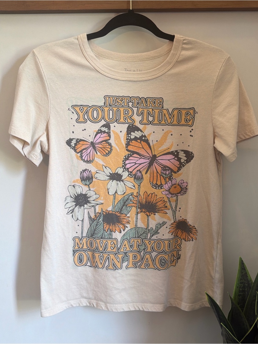 Zoe + Liv Cream Tee with Pink & Orange Butterfly Graphic